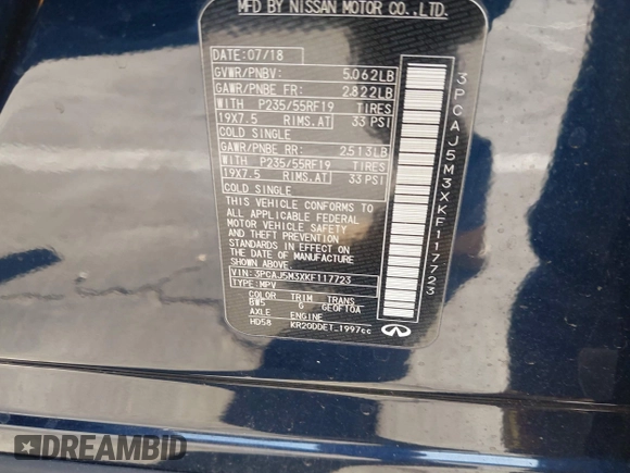 2019 Infiniti QX50 Essential with VIN 3PCAJ5M3XKF117723, listed as a IAAI auction lot 41549979 with 36,044 mi miles and . Bid and sale history available at DreamBid. Image 9.