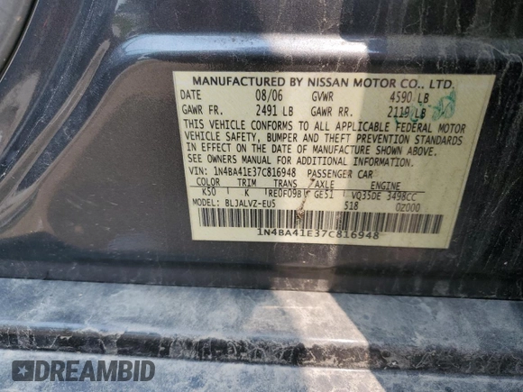 2007 Nissan Maxima SE with VIN 1N4BA41E37C816948, listed as a Copart auction lot 59206625 with 203,129 mi miles and Salvage title. Bid and sale history available at DreamBid. Image 12.
