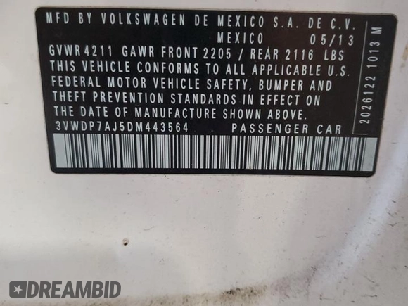 2013 Volkswagen Jetta SE with VIN 3VWDP7AJ5DM443564, listed as a Copart auction lot 64378065 with 162,751 mi miles and Salvage title. Bid and sale history available at DreamBid. Image 12.