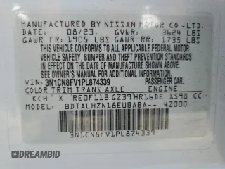 2023 Nissan Versa SR with VIN 3N1CN8FV1PL874339, listed as a Copart auction lot 54164915 with 24,678 mi miles and Salvage title. Bid and sale history available at DreamBid. Image 12.