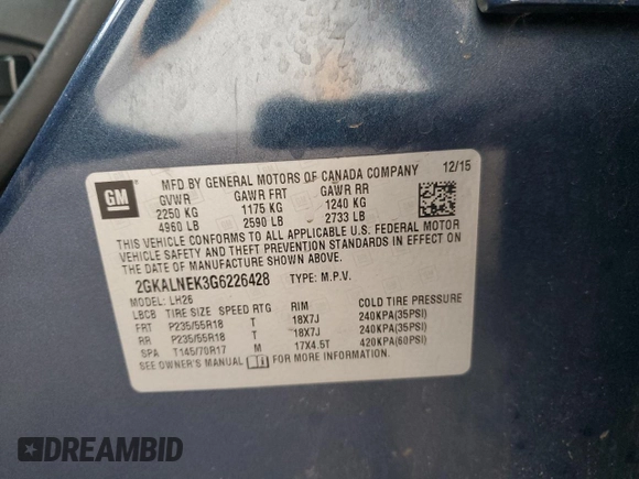 2016 GMC Terrain SLE with VIN 2GKALNEK3G6226428, listed as a Copart auction lot 47031715 with 122,286 mi miles and Salvage Title. Bid and sale history available at carsss.com. Image 16.