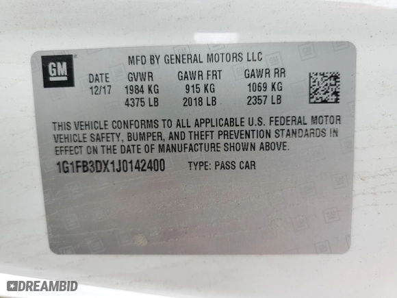 2018 Chevrolet Camaro 1LT with VIN 1G1FB3DX1J0142400, listed as a Copart auction lot 47784805 with 0 mi miles and Salvage Title. Bid and sale history available at carsss.com. Image 12.