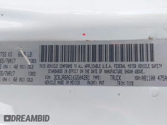 2019 Ram 1500 Tradesman с VIN 3C6JR6AG1KG504281, выставлен на аукционе IAAI как лот 42304352 с пробегом 93 552 миль миль и . История ставок и продаж доступна на DreamBid. Изображение 9.