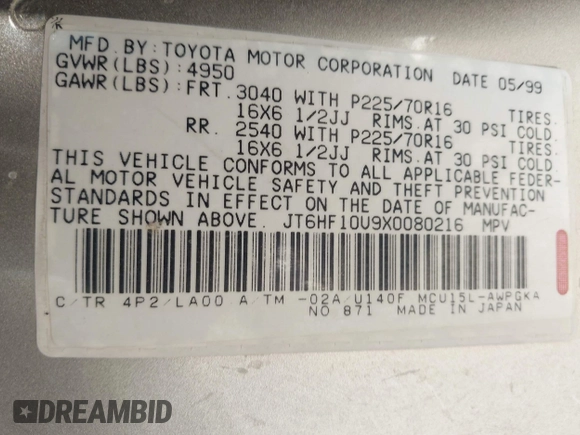 1999 Lexus RX 300 with VIN JT6HF10U9X0080216, listed as a IAAI auction lot 42219637 with 248,595 mi miles and . Bid and sale history available at DreamBid. Image 9.