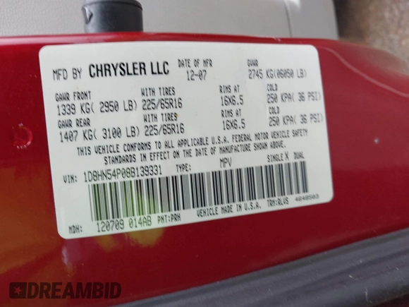 2008 Dodge Grand Caravan SXT with VIN 1D8HN54P08B139331, listed as a IAAI auction lot 41943352 with 222,894 mi miles and . Bid and sale history available at DreamBid. Image 9.