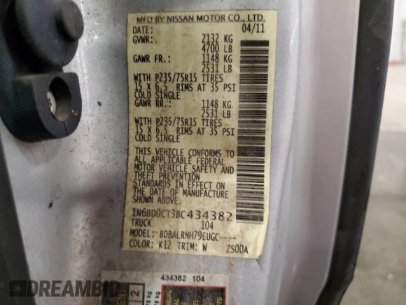 2011 Nissan Frontier S with VIN 1N6BD0CT3BC434382, listed as a Copart auction lot 44763755 with 89,621 mi miles and Salvage title. Bid and sale history available at DreamBid. Image 14.