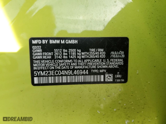 2022 BMW X4 M with VIN 5YM23EC04N9L46944, listed as a Copart auction lot 87821005 with 15371 miles and Salvage Title. Bid and sale history available at carsss.com. Image 14.