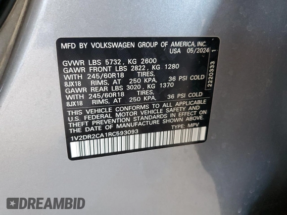 2024 Volkswagen Atlas SE with VIN 1V2DR2CA1RC593093, listed as a Copart auction lot 56397325 with 14,524 mi miles and Salvage title. Bid and sale history available at DreamBid. Image 13.
