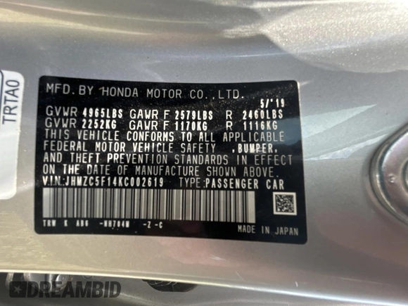 2019 Honda Clarity z VIN JHMZC5F14KC002619, wystawiony jako Copart lot #58252705 z przebiegiem 53 911 mil mil oraz Szkoda całkowita • Salvage title. Historia ofert i sprzedaży dostępna na DreamBid. Obrazek 10.