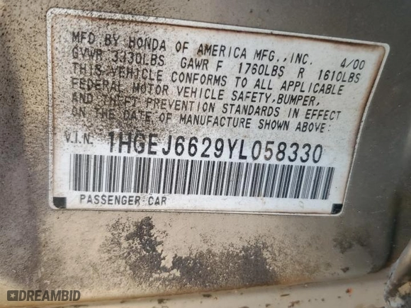 2000 Honda Civic DX with VIN 1HGEJ6629YL058330, listed as a Copart auction lot 45774655 with 201,050 mi miles and Salvage Title. Bid and sale history available at carsss.com. Image 12.