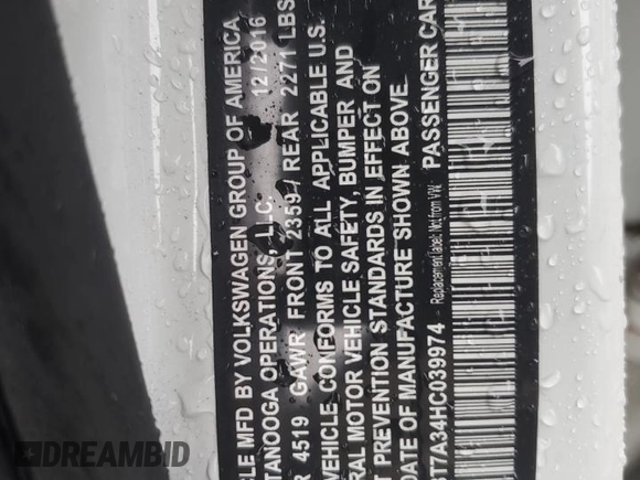 2017 Volkswagen Passat SE z VIN 1VWBT7A34HC039974, wystawiony jako Copart lot #56467785 z przebiegiem 104 996 mil mil oraz Szkoda całkowita • Salvage title. Historia ofert i sprzedaży dostępna na DreamBid. Obrazek 12.