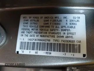 2008 Honda Accord EX with VIN 1HGCP367X8A042746, listed as a IAAI auction lot 41923622 with 221,057 mi miles and . Bid and sale history available at DreamBid. Image 9.