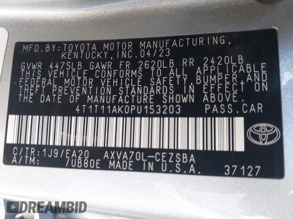 2023 Toyota Camry SE z VIN 4T1T11AK0PU153203, wystawiony jako IAAI lot #38763517 z przebiegiem 11 171 mil mil oraz . Historia ofert i sprzedaży dostępna na DreamBid. Obrazek 9.