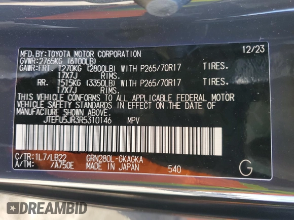 2024 Toyota 4Runner SR5 Premium with VIN JTEFU5JR3R5310146, listed as a Copart auction lot 77875284 with 4,478 mi miles and Non repairable. Bid and sale history available at DreamBid. Image 14.