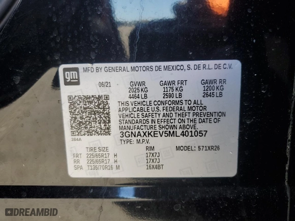 2021 Chevrolet Equinox LT with VIN 3GNAXKEV5ML401057, listed as a Copart auction lot 52242195 with 43,904 mi miles and Salvage Title. Bid and sale history available at carsss.com. Image 15.