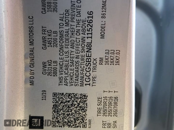 2020 Chevrolet Colorado 2WD Work Truck with VIN 1GCGSBEN8L1152616, listed as a Copart auction lot 88344685 with Not provided miles and Salvage title. Bid and sale history available at DreamBid. Image 12.