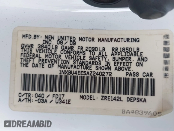 2010 Toyota Corolla with VIN 1NXBU4EE5AZ240272, listed as a IAAI auction lot 42063570 with 230,612 mi miles. Bid and sale history available at carsss.com. Image 9.