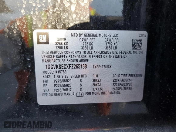 2015 Chevrolet Silverado 1500 LTZ with VIN 1GCVKSECXFZ265138, listed as a Copart auction lot 43598575 with 80,872 mi miles and Salvage Title. Bid and sale history available at carsss.com. Image 12.