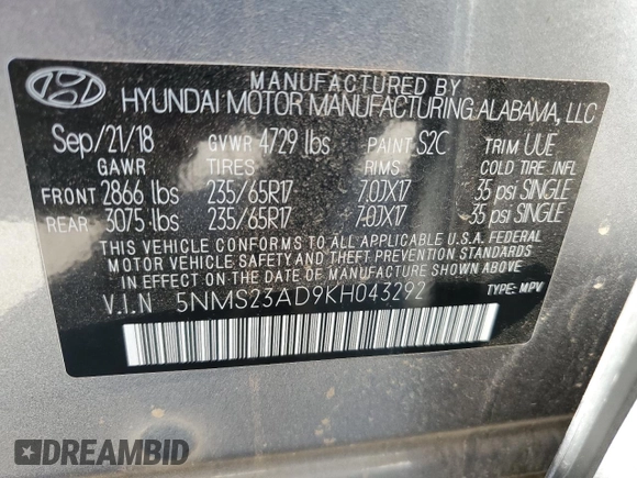 2019 Hyundai Santa Fe SE z VIN 5NMS23AD9KH043292, wystawiony jako Copart lot #54108685 z przebiegiem 27 474 mil mil oraz Szkoda całkowita • Salvage title. Historia ofert i sprzedaży dostępna na DreamBid. Obrazek 13.