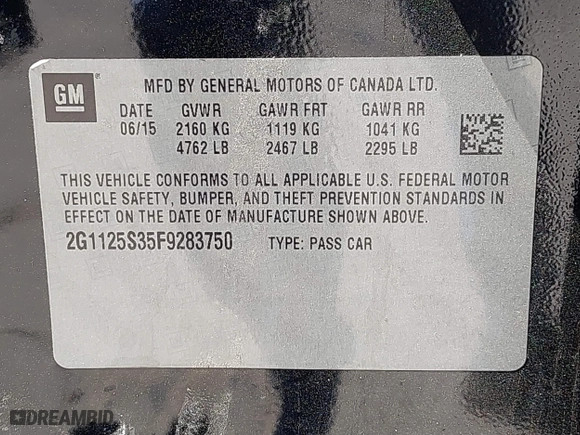 2015 Chevrolet Impala LT with VIN 2G1125S35F9283750, listed as a IAAI auction lot 41866133 with 119,095 mi miles. Bid and sale history available at carsss.com. Image 9.