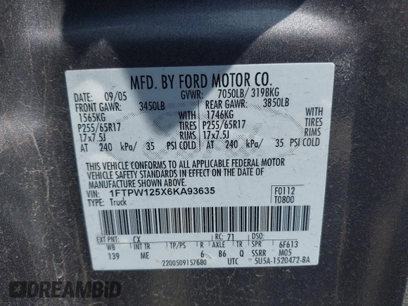2006 Ford F-150 XLT z VIN 1FTPW125X6KA93635, wystawiony jako IAAI lot #42094360 z przebiegiem 165 844 mil mil oraz . Historia ofert i sprzedaży dostępna na DreamBid. Obrazek 9.