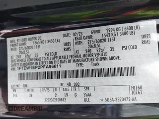 2023 Ford F-150 XL с VIN 1FTEW1EP2PFA96611, выставлен на аукционе IAAI как лот 41967449 с пробегом 54 314 миль миль и . История ставок и продаж доступна на DreamBid. Изображение 9.