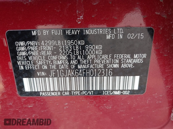 2015 Subaru Impreza Premium с VIN JF1GJAK64FH012316, выставлен на аукционе IAAI как лот 41772156 с пробегом 84 286 миль миль и . История ставок и продаж доступна на DreamBid. Изображение 9.