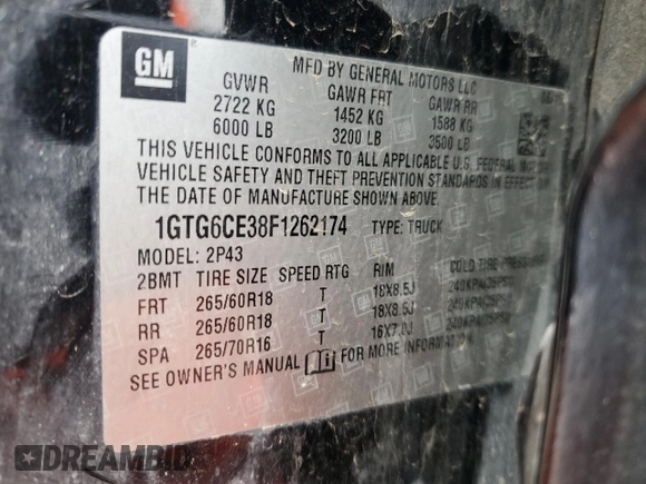 2015 GMC Canyon 4WD SLT with VIN 1GTG6CE38F1262174, listed as a Copart auction lot 80066724 with 154,267 mi miles and Salvage Title. Bid and sale history available at carsss.com. Image 12.