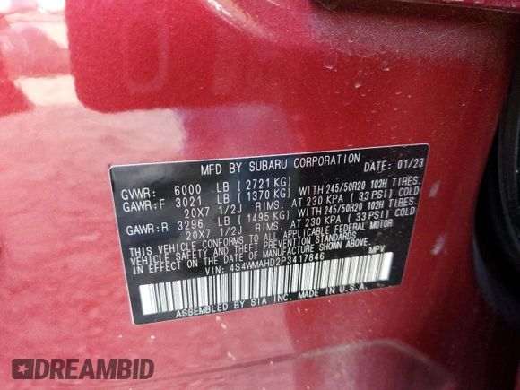 2023 Subaru Ascent Onyx с VIN 4S4WMAHD2P3417846, выставлен на аукционе Copart как лот 78230274 с пробегом 33 536 миль миль и Списание • Salvage title. История ставок и продаж доступна на DreamBid. Изображение 13.