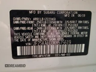 2019 Subaru Forester Premium with VIN JF2SKAEC0KH575619, listed as a Copart auction lot 54517495 with 88,455 mi miles and Salvage title. Bid and sale history available at DreamBid. Image 14.