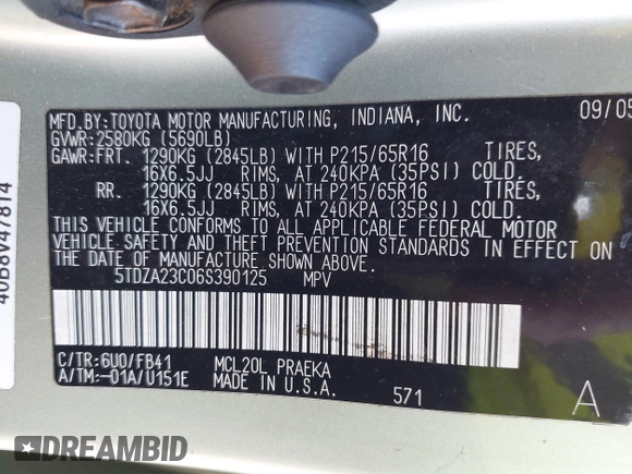 2006 Toyota Sienna CE with VIN 5TDZA23C06S390125, listed as a IAAI auction lot 42067821 with 147,152 mi miles and . Bid and sale history available at carsss.com. Image 9.