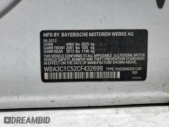 2012 BMW 3 Series 328i z VIN WBA3C1C52CF432699, wystawiony jako Copart lot #60540175 z przebiegiem 130 162 mil mil oraz Szkoda całkowita • Salvage title. Historia ofert i sprzedaży dostępna na DreamBid. Obrazek 13.