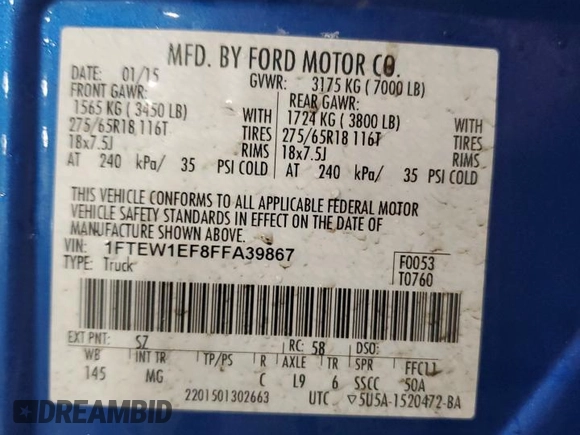 2015 Ford F-150 XLT with VIN 1FTEW1EF8FFA39867, listed as a Copart auction lot 57113965 with 86,807 mi miles and Salvage title. Bid and sale history available at DreamBid. Image 12.
