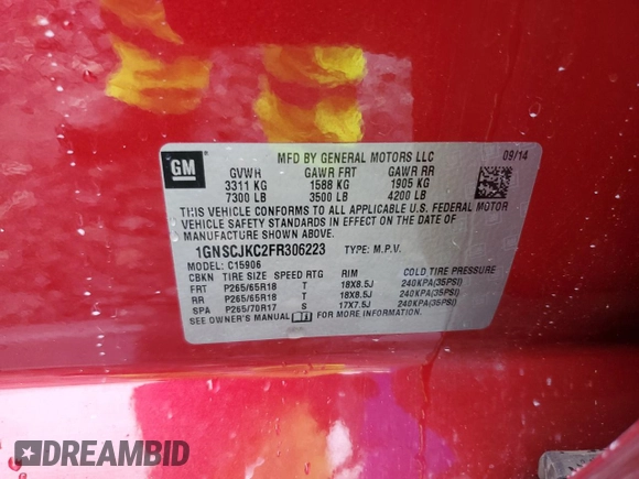 2015 Chevrolet Suburban LT with VIN 1GNSCJKC2FR306223, listed as a Copart auction lot 58733475 with 191,330 mi miles and Salvage title. Bid and sale history available at DreamBid. Image 13.
