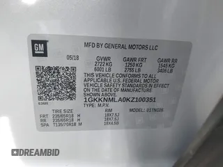 2019 GMC Acadia SLT with VIN 1GKKNMLA0KZ100351, listed as a IAAI auction lot 41219026 with 88,751 mi miles. Bid and sale history available at carsss.com. Image 9.