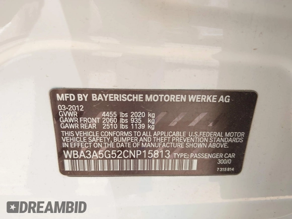 2012 BMW 3 Series 328i with VIN WBA3A5G52CNP15813, listed as a IAAI auction lot 42651179 with 110,106 mi miles and . Bid and sale history available at DreamBid. Image 9.
