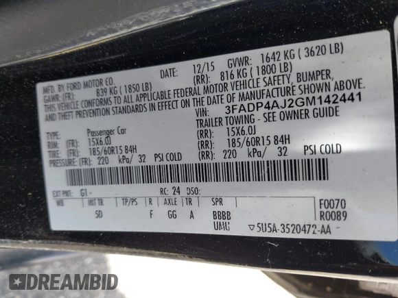 2016 Ford Fiesta S with VIN 3FADP4AJ2GM142441, listed as a IAAI auction lot 42655603 with 45,233 mi miles and . Bid and sale history available at DreamBid. Image 9.