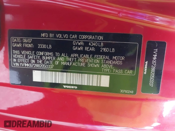 2008 Volvo C30 Version 1.0 z VIN YV1MK672882050337, wystawiony jako IAAI lot #42197001 z przebiegiem 136 632 mil mil oraz . Historia ofert i sprzedaży dostępna na DreamBid. Obrazek 9.