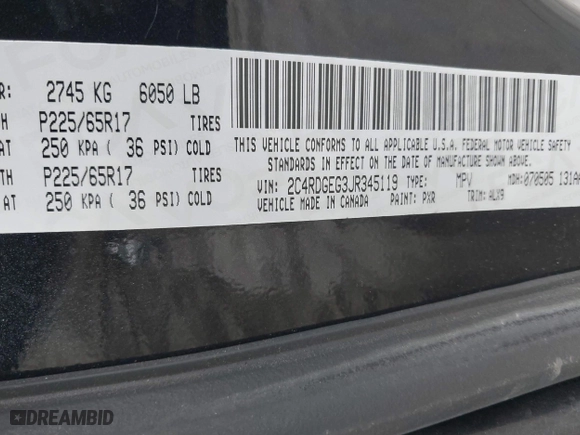 2018 Dodge Grand Caravan GT with VIN 2C4RDGEG3JR345119, listed as a IAAI auction lot 40976021 with 164,923 mi miles. Bid and sale history available at carsss.com. Image 9.
