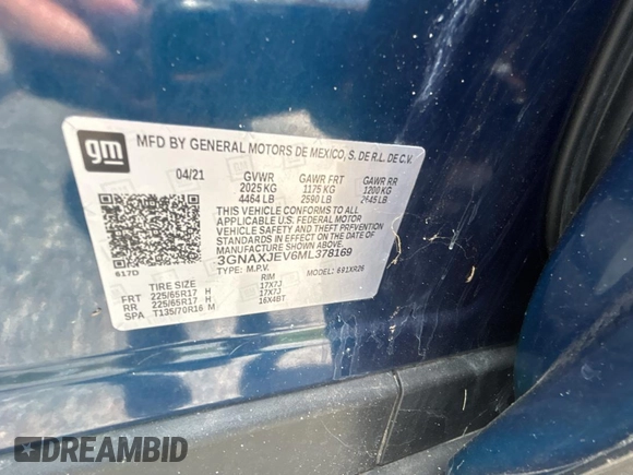 2021 Chevrolet Equinox LT with VIN 3GNAXJEV6ML378169, listed as a Copart auction lot 60899005 with 98,349 mi miles and Clean title. Bid and sale history available at DreamBid. Image 10.