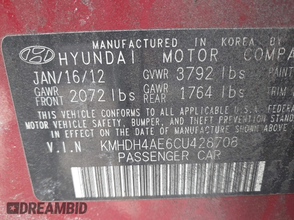 2012 Hyundai Elantra Limited with VIN KMHDH4AE6CU428708, listed as a IAAI auction lot 41658799 with 186,585 mi miles. Bid and sale history available at carsss.com. Image 9.