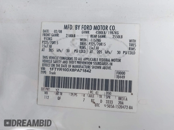 2008 Ford Ranger XL with VIN 1FTYR10DX8PA71842, listed as a IAAI auction lot 42643791 with 281,473 mi miles and . Bid and sale history available at DreamBid. Image 9.