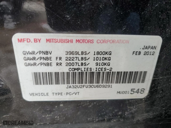 2012 Mitsubishi Lancer ES with VIN JA32U2FU3CU609291, listed as a Copart auction lot 47543175 with 195961 miles and Clean Title. Bid and sale history available at carsss.com. Image 12.