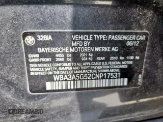 2012 BMW 3 Series 328i z VIN WBA3A5G52CNP17531, wystawiony jako Copart lot #63398505 z przebiegiem 167 825 mil mil oraz Czysty tytuł • Clean title. Historia ofert i sprzedaży dostępna na DreamBid. Obrazek 12.