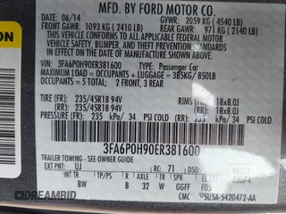 2014 Ford Fusion SE with VIN 3FA6P0H90ER381600, listed as a IAAI auction lot 41891817 with 82,141 mi miles and . Bid and sale history available at carsss.com. Image 9.