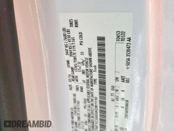 2016 Ford F-150 XL with VIN 1FTNF1CG0GKD81110, listed as a Copart auction lot 57208315 with 211,574 mi miles and Salvage title. Bid and sale history available at DreamBid. Image 12.