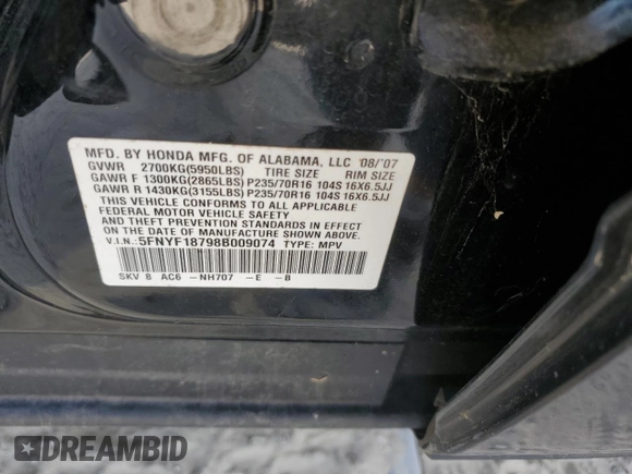 2008 Honda Pilot EX-L z VIN 5FNYF18798B009074, wystawiony jako Copart lot #54375305 z przebiegiem 149 602 mil mil oraz Szkoda całkowita • Salvage title. Historia ofert i sprzedaży dostępna na DreamBid. Obrazek 13.