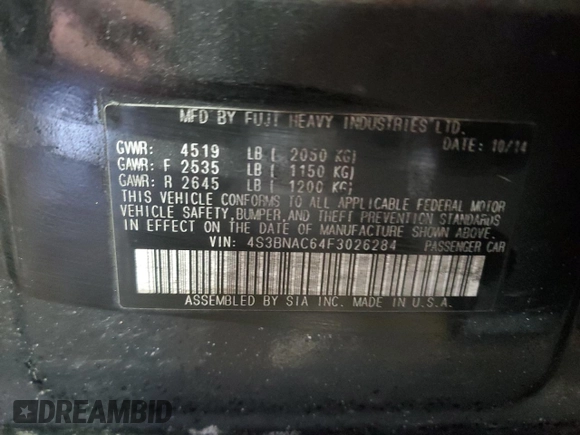 2015 Subaru Legacy 2.5i Premium with VIN 4S3BNAC64F3026284, listed as a Copart auction lot 45273995 with 142,364 mi miles and Salvage Title. Bid and sale history available at carsss.com. Image 12.