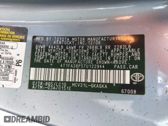 2007 Toyota Solara SE with VIN 4T1FA38P57U122944, listed as a IAAI auction lot 42085809 with 102,746 mi miles and . Bid and sale history available at DreamBid. Image 9.