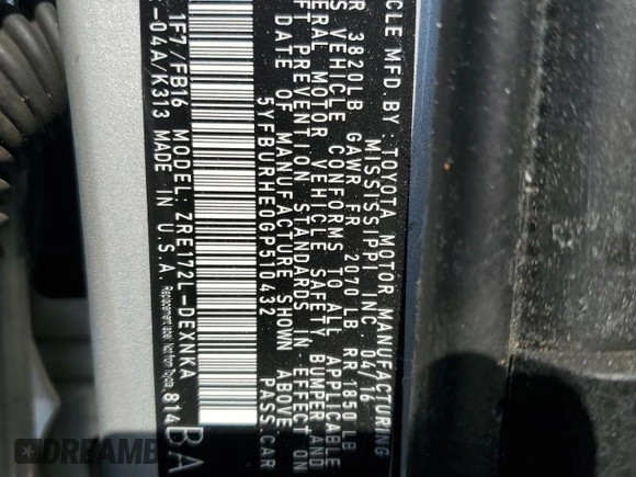 2016 Toyota Corolla L z VIN 5YFBURHE0GP510432, wystawiony jako Copart lot #58496005 z przebiegiem Nie podano mil oraz Szkoda całkowita • Salvage title. Historia ofert i sprzedaży dostępna na DreamBid. Obrazek 13.